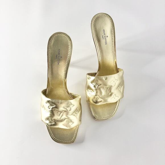 Louis Vuitton Revival Monogram Emboss Gold Leather Heeled Mules Sandals 38.5 - Picture 3 of 11